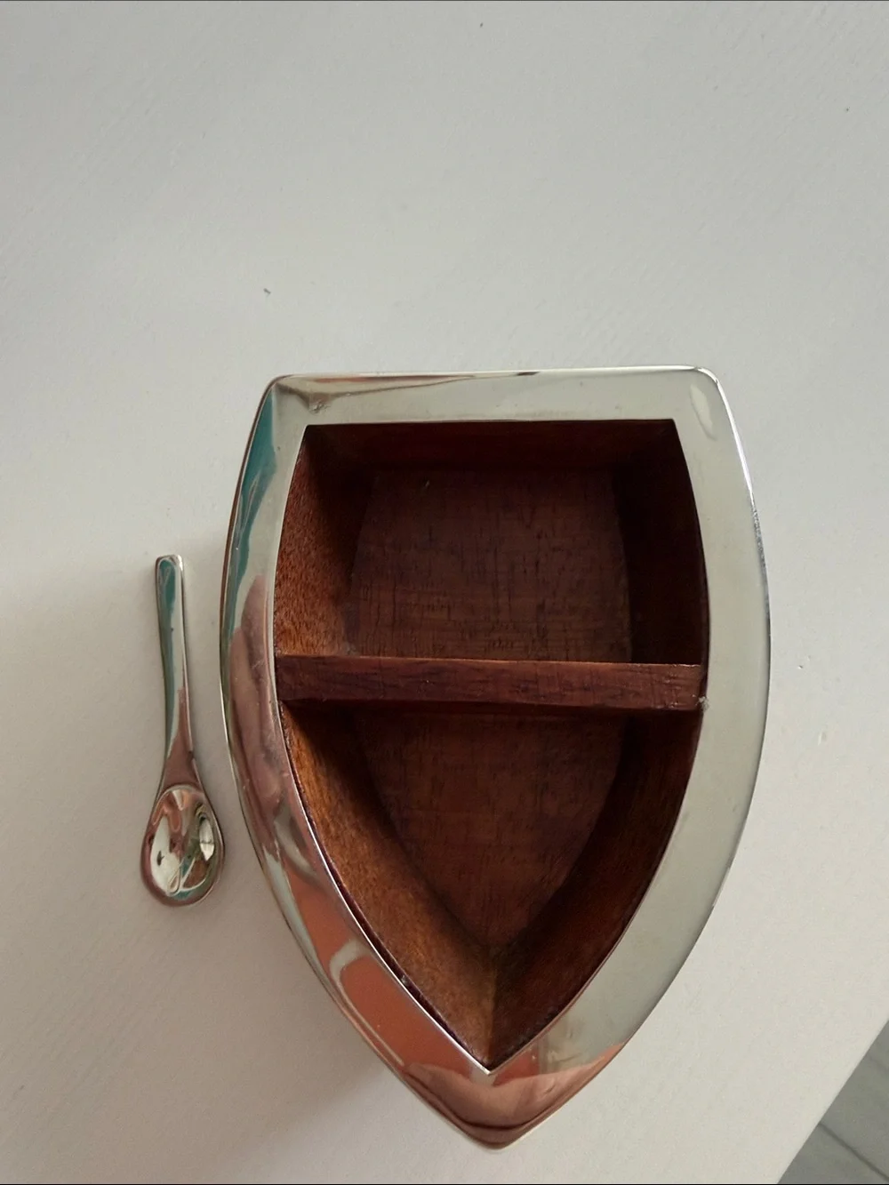 Pottery Barn Wood and Metal Boat Table Top Salt & Pepper Cellar with Spoon